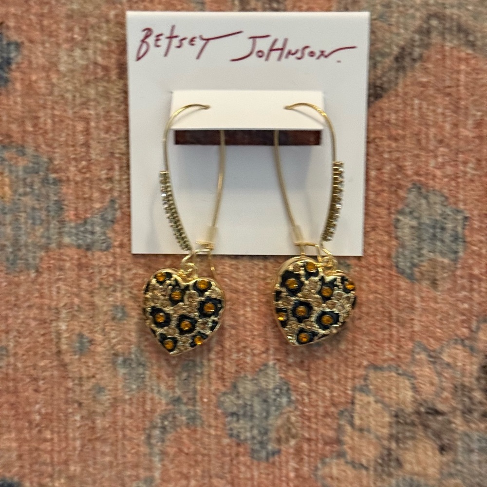 Betsey Johnson Gold & Black Leopard Print Heart Dangle Earrings